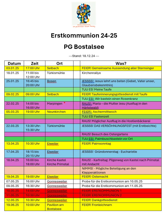 Terminliste Erstkommunionvorbereitung